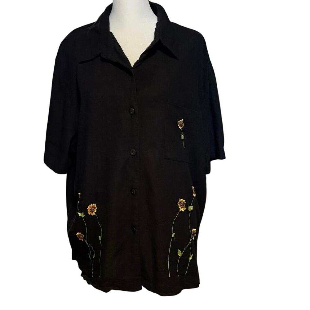 Anna Maxwell Plus Size 2X 22 24 Camp Shirt Button Front Linen Blend Sunflowers
